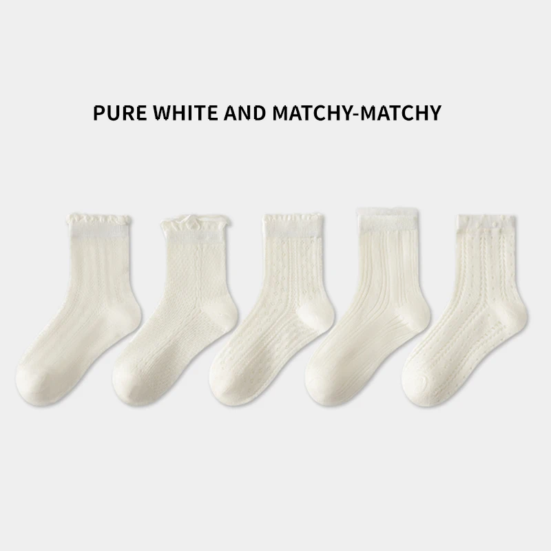 5 Pairs of White Girls' Mid-Calf Socks With Simple Lines Casual Cotton Mesh Breathable Children's Socks
