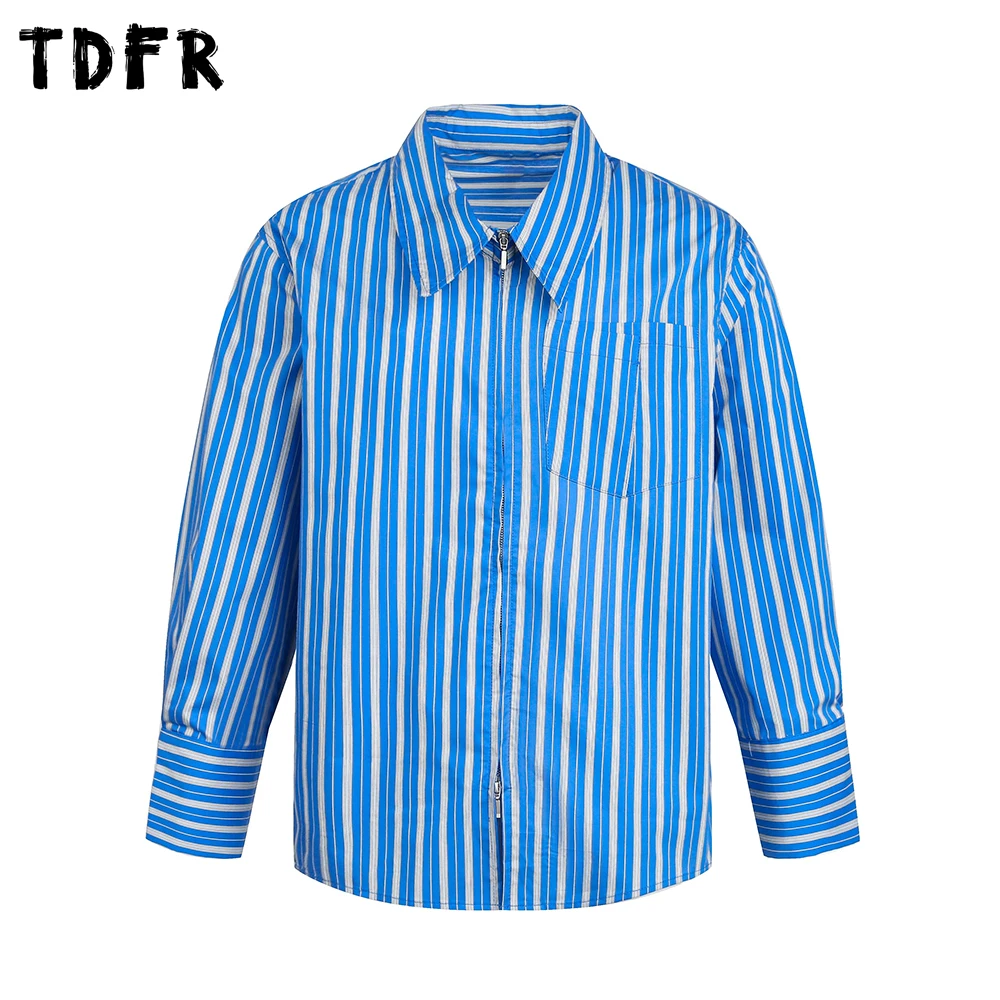 

Vertical Stripes Basic Shirts Mens Pocket Spring Retro Casual Loose Lapel Zipper Fly Long Sleeve Shirts Man
