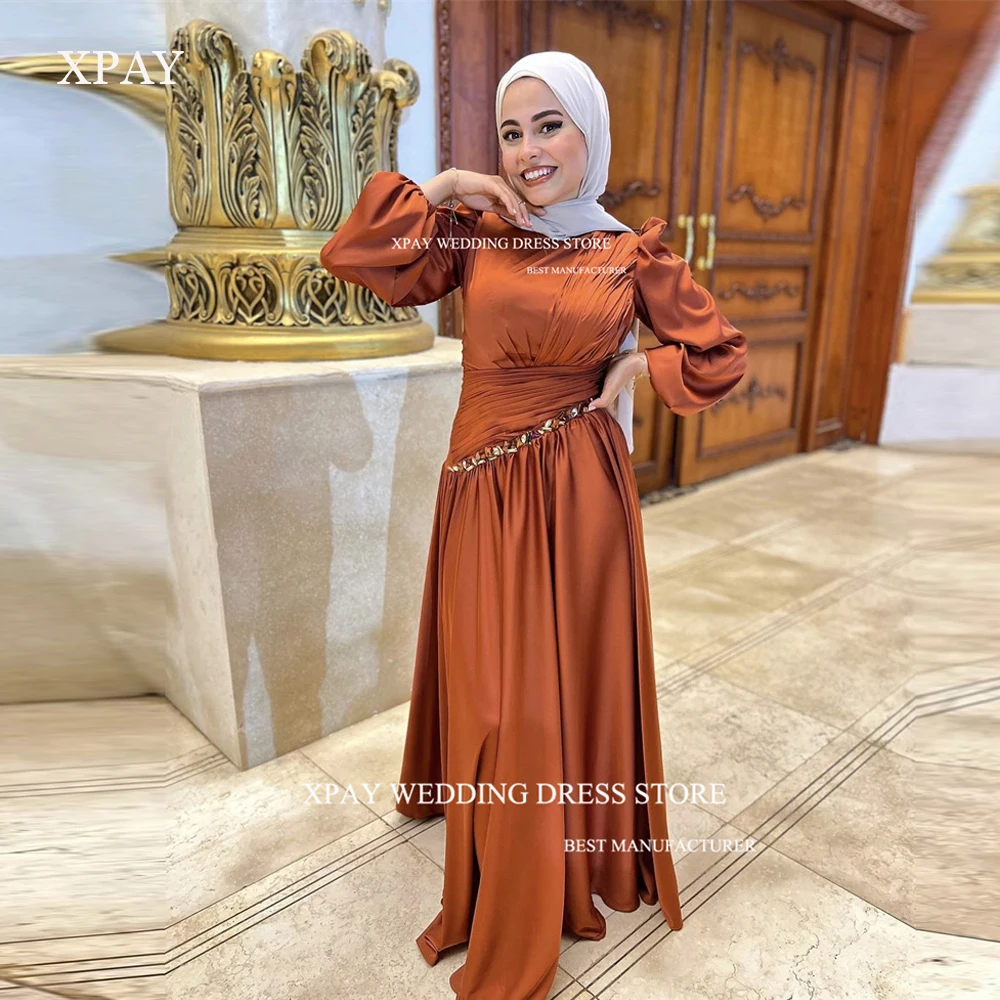 

XPAY Modest Muslim Arabic Women Evening Dresses Brown Long Sleeves High Neck Floor Length Formal Occasion Prom Gowns With Hijab