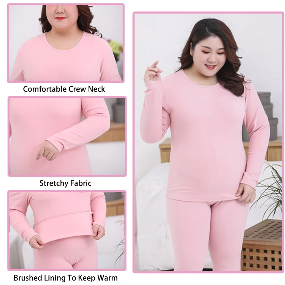 Women\'s Plus Size Thermal Underwear Set Brush Lining Long Johns Suit Warm Base Layer Underscrubs For Winter