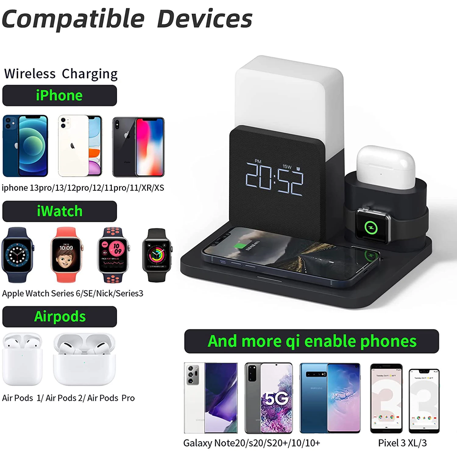 Multi Function Qi Wireless Charger Stand for Apple Watch Airpods Pro iPhone 14 Table Lamp Time Alarm Clock Fast Charger Station