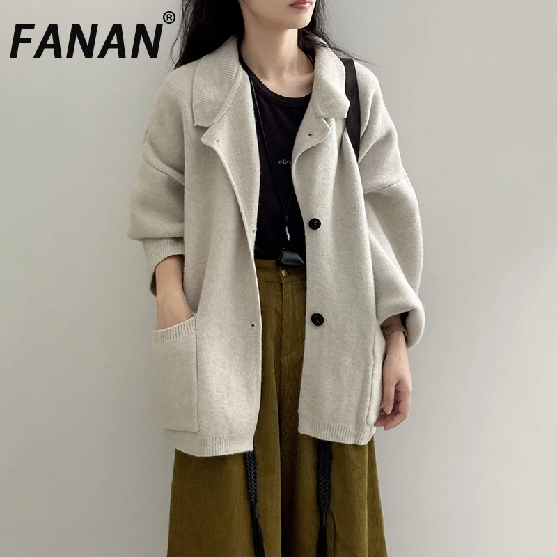 

FANAN Minimalism Thick Warm Knitting Sweater For Women Lapel Single Breasted Pockets Design Fashion Coats 2025 Winter New