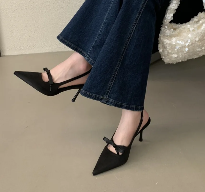 

Women's Pointed Toe Satin Bow Decor Slingback Thin Stiletto Heel Pumps Elegant Office Party Casual Footwear Drop Shipping Gift