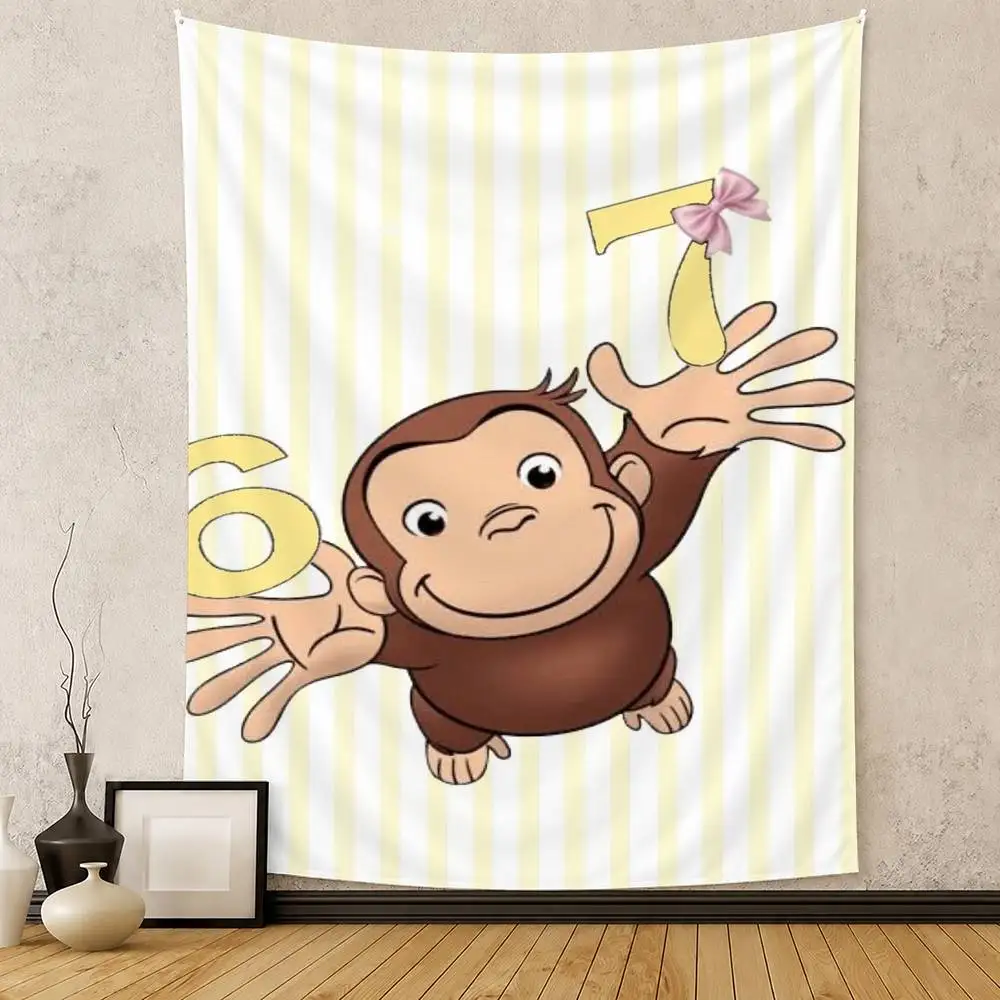 C-Curious George Cute Monkey Kids Graphic Flag Digital Printing Banner for Garage Wall Out Door Decoration