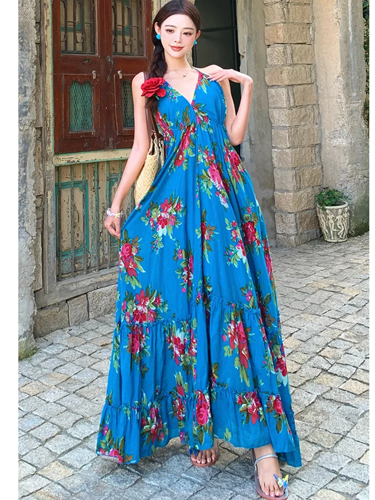 패션 여름 여성 Boho 블루 꽃 맥시 드레스 섹시한 오프 어깨 Backless 여성 v-목 캐주얼 파티 비치 드레스 가운