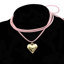 Goth Pink Velvet Big Heart Pendant Choker Necklace for Women Elegant Weave Knotted Bowknot Adjustable Chain New Year Jewelry