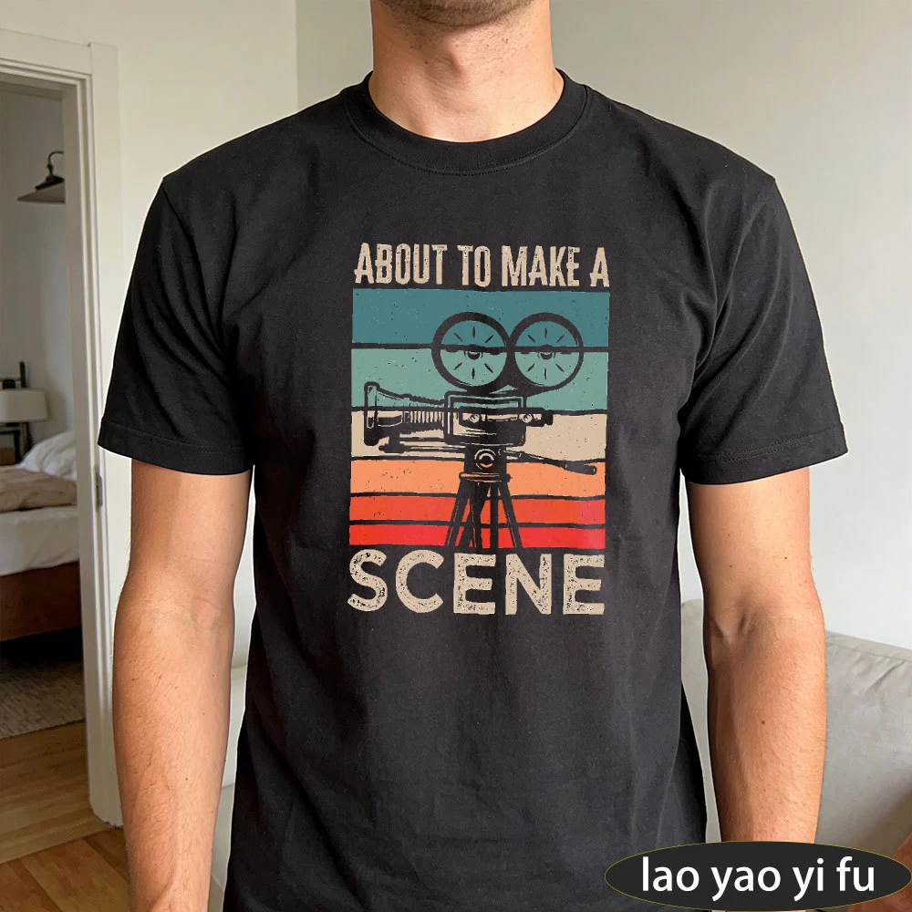 ABOUT TO MAKE A SCENE Vintage Retro Film Camera Graphic Men Cotton Crew Neck Short Sleeve Film Fan Daily Versatile Outfit