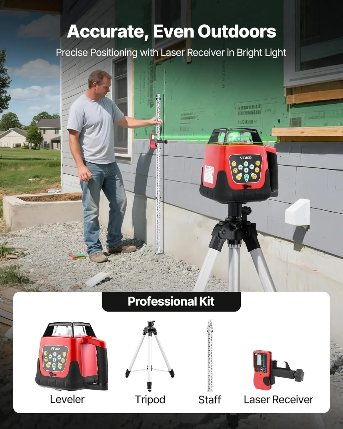 Rotary Laser Level Kit, 2000ft 360-Degree Self Leveling Green Horizontal Laser Transit,with Tripod,Receiver,Remote Control, Scal