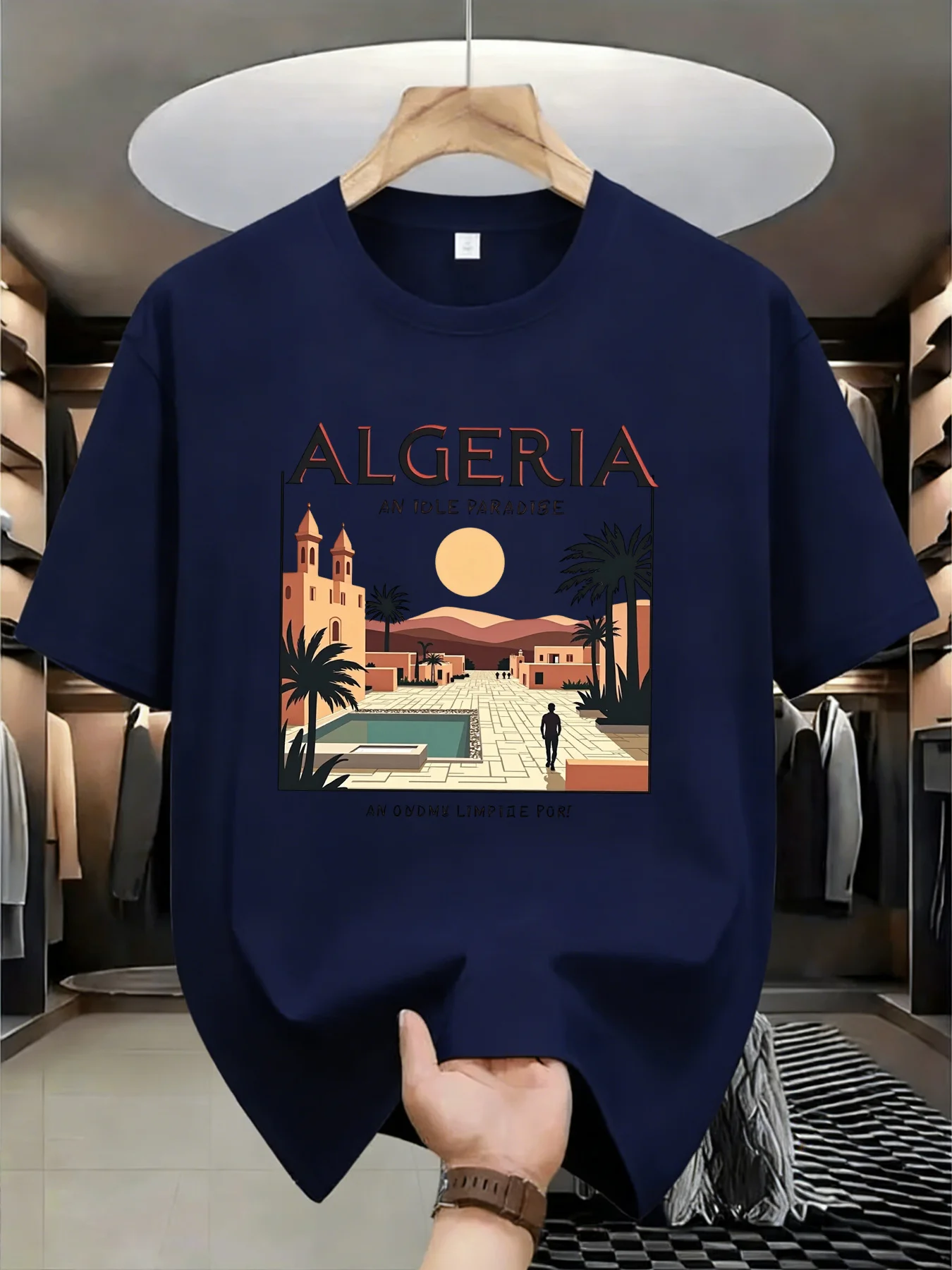 Stylish Travel-Inspired Algeria Tee with Warm Desert Town and Palm Tree Design 100% Cotton Men's T-shirt Summer Casual Outfit