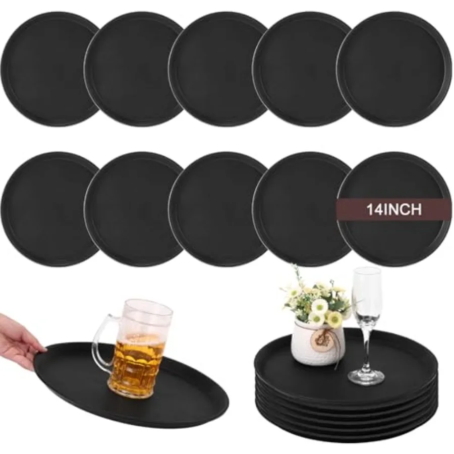 

12 Pcs Black Restaurant Serving Trays Bulk Plastic Non Slip Surface Round Drink Tray with Raised Edges for Food Meals Drink Bar