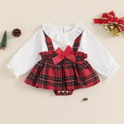 Baby Girl Christmas Bodysuit Long Sleeve Doll Collar Plaid Print Romper Dress Newborn Winter Playsuit