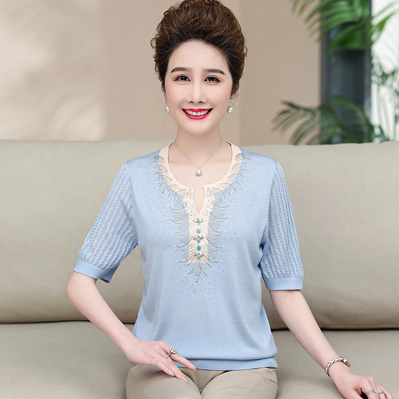 

Women Knit Blouses and Shirts Summer Clothes Tops Elegant Middle Aged Female Beaded Collar Knitting T-Shirts Short Sleeved