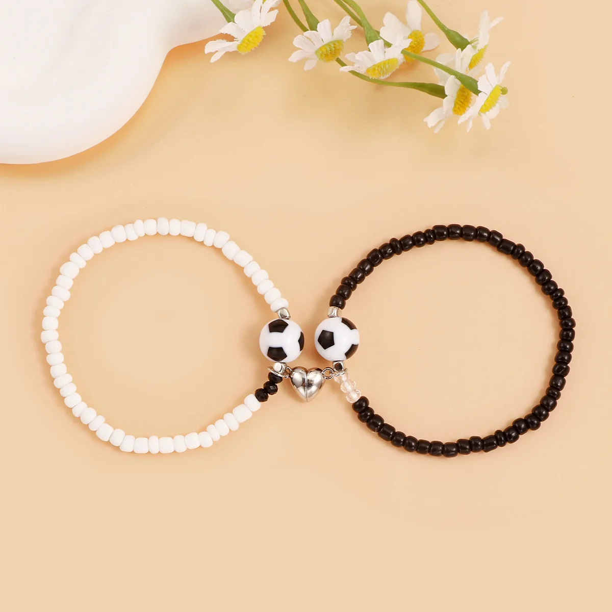 2Pcs/set Football Rice Beaded Bracelet for Women Men Best Friends Physical Exercise Couple Magnet Bracelets Sports Jewelry Gift