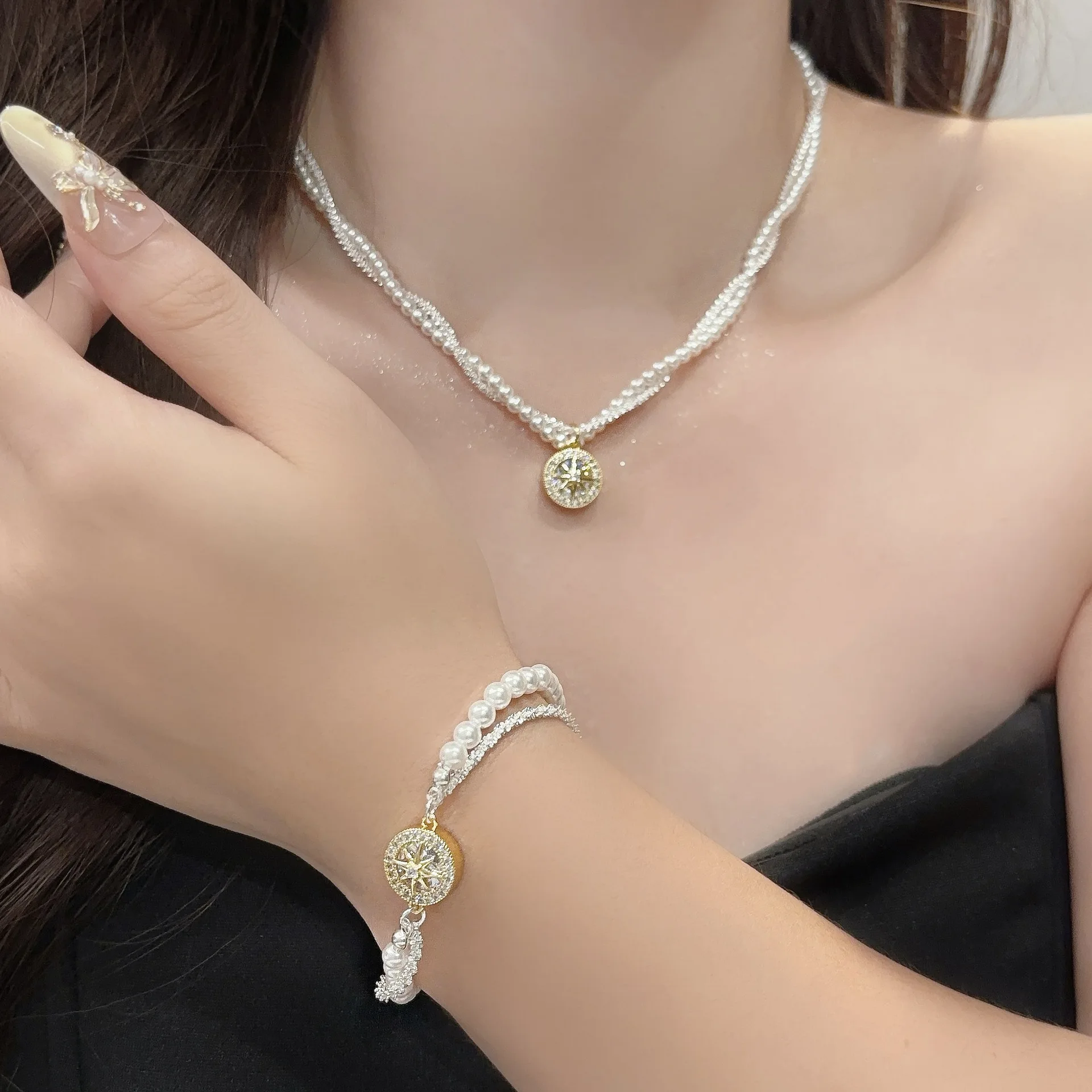 Double-layered eight-pointed star pendant pearl necklace for women light luxury niche simple high-end wrap bracelet