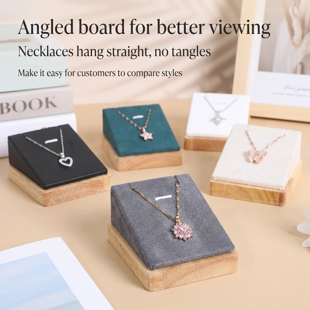Premium Velvet Necklace Display Stand, Slanted Jewelry Holder with Wood Base for Boutique, Photography and Home Use