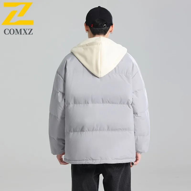 COMXZ Men Puffer Jacket Fake Two Piece Hooded Ski Street Lightweight Warm Travel Cotton-Padded Jacket Casual Snow Winter Jacket