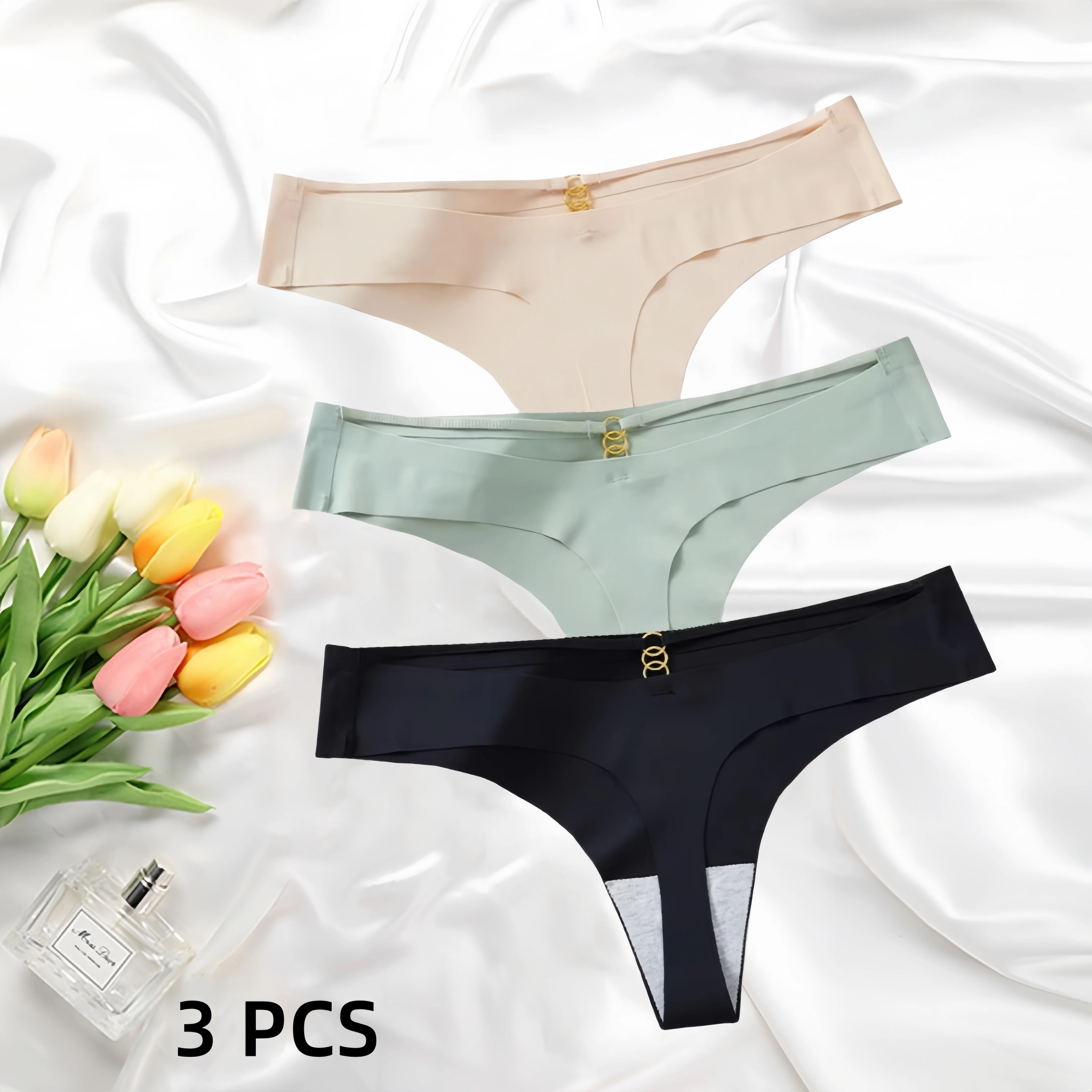 

3 PCS Breathable Sexy Girl Ice Silk Women's Thong Round Buckle Non-Sense Combination Panties Seamless Strap