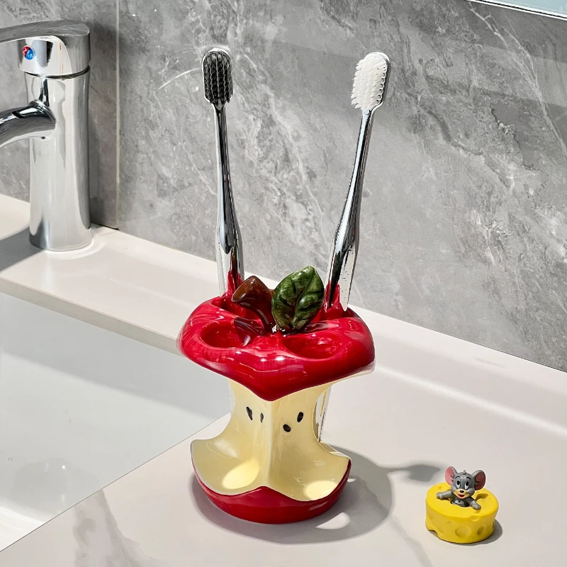 High-value Apple Core Toothbrush Holder, Ceramic Toothbrush Base, Drainage Bathroom Sink, Creative Bathroom Essentials