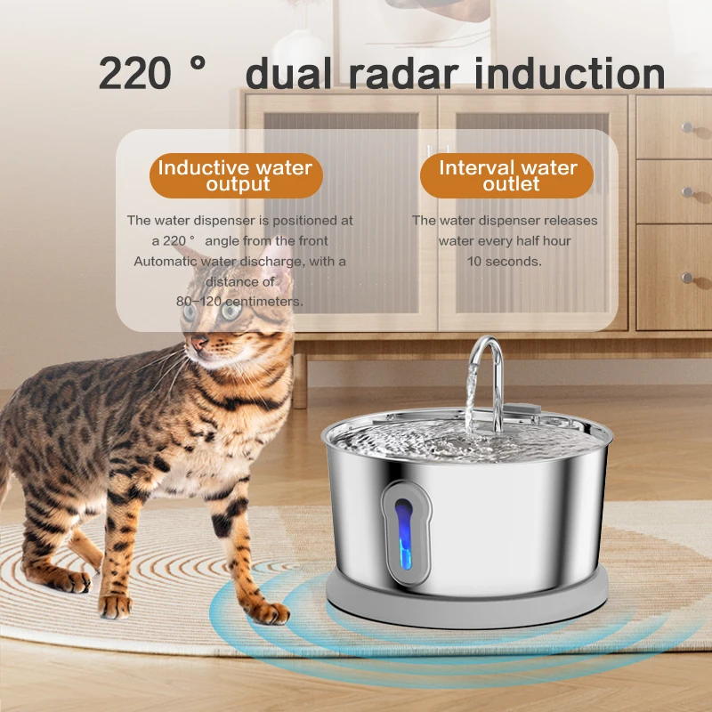 Automatic Water fountain Cat Cats With Replacement Filter 4.0L Stainless Steel  Dual Radar Induction Dispenser Level Window