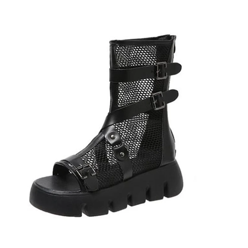 Punk Roman Platform Sandals for Women Cool Boots Mesh Breathable Sandals Korean Streetwear Model Gladiator Shoes Summer New 2024