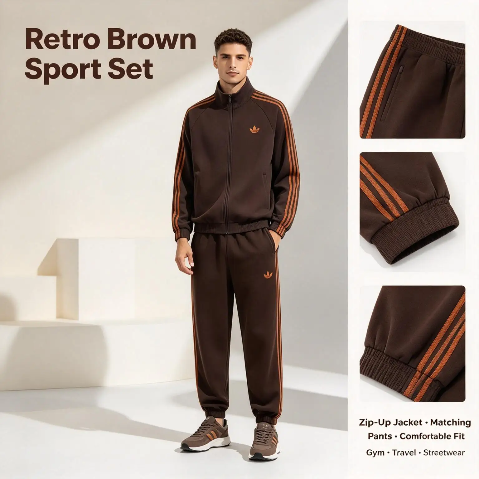 Adidas KS7492/ KS7499 Genuine Men Classic 3 Stripes Tracksuit, Stand Collar Zip Jacket Casual Running Training Sports Outfit