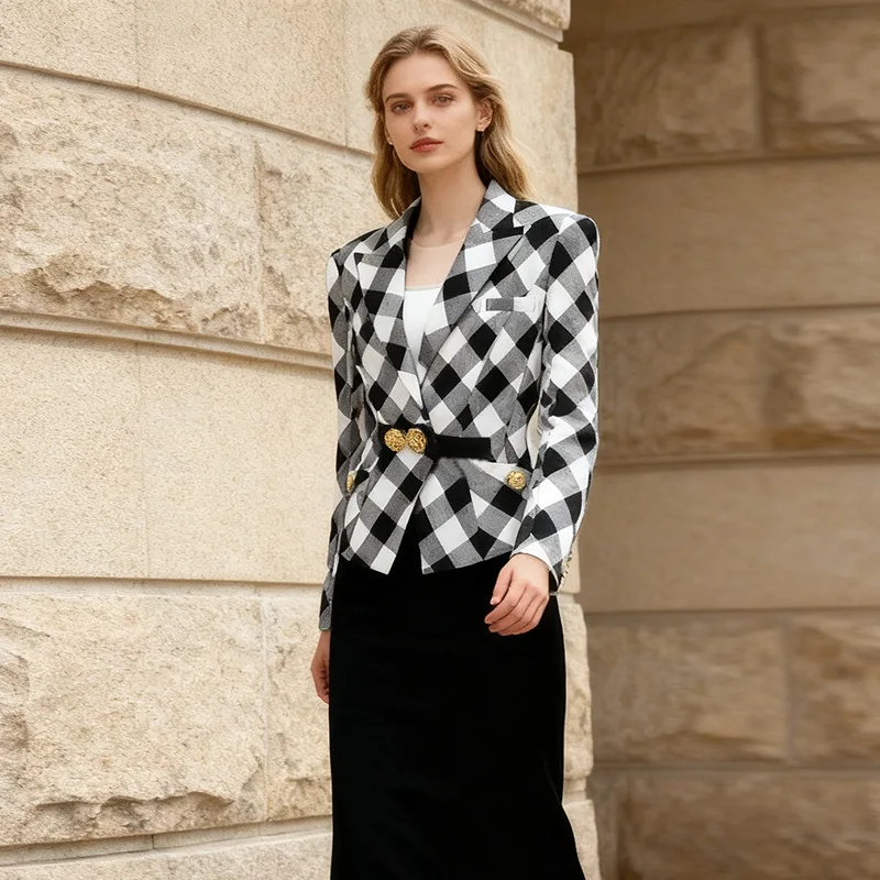 

French Vintage Style Women's Stylish Commuter Blazer Autumn Grid Pattern Design Fashionable Workwear