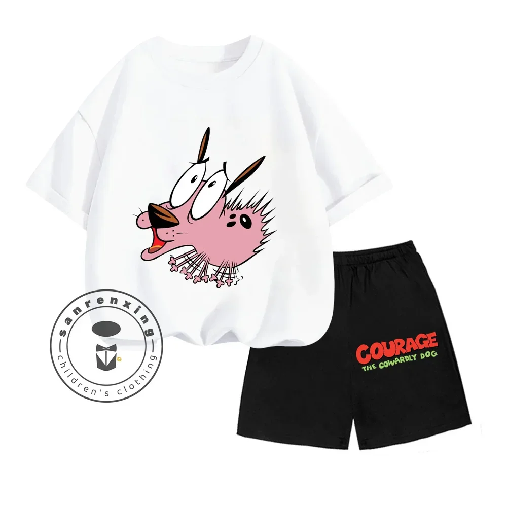 COURAGE The Cowardly Dog Animated Cartoon Print Design Soft Short Sleeve and Solid Color Cartoon Print Shorts Kids Two-piece Set