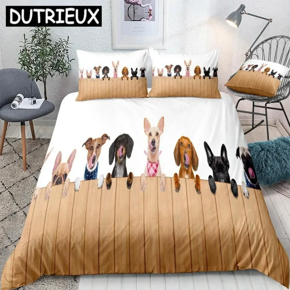 Dogs Bedding Set Animal Duvet Cover Set For Kids Board Bed Set Microfiber Quilt Cover Queen White Background Cute Pet Bed Cover