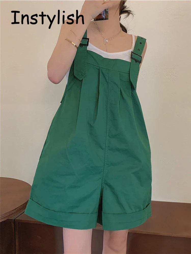 Korean Elegant Wide Leg Playsuits Summer Vintage Harjauku Solid Loose Overalls Women Casual Adjustable Strap Jumpsuits Romper