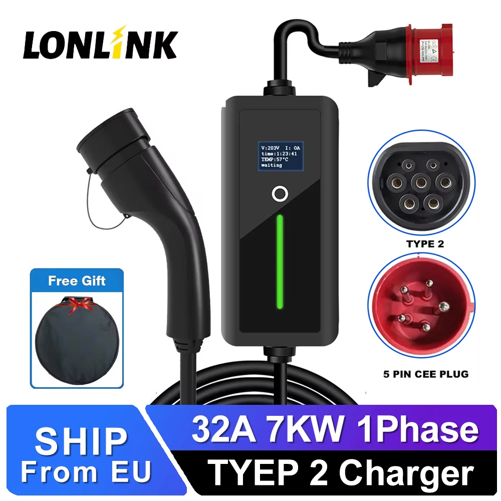 LONLINK Fit ev charger Type 2 charger  32A 1 Phase 7KW Max with 5 PIN CEE Plug Compatible with Tesla EV Fit For VW ID Car