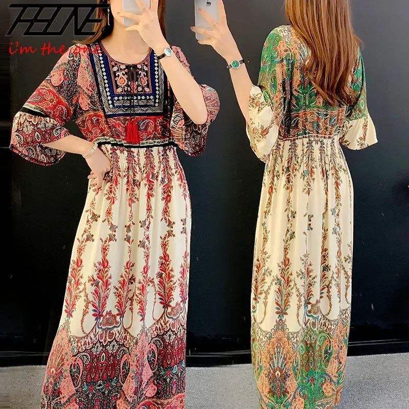 THHONE Women Dress Indian Loose Bohemian Korean Style Long Tassels Casual Vintage Vestidos Robe High Waist Round Neck Floral