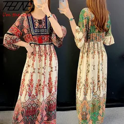 THHONE Women Dress Indian Loose Bohemian Korean Style Long Tassels Casual Vintage Vestidos Robe High Waist Round Neck Floral