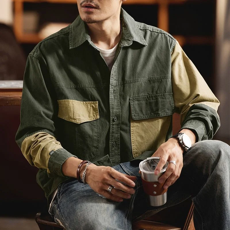 

Men Long Sleeve Patchwork Color Block Work Shirt Spring Trendy Casual Versatile