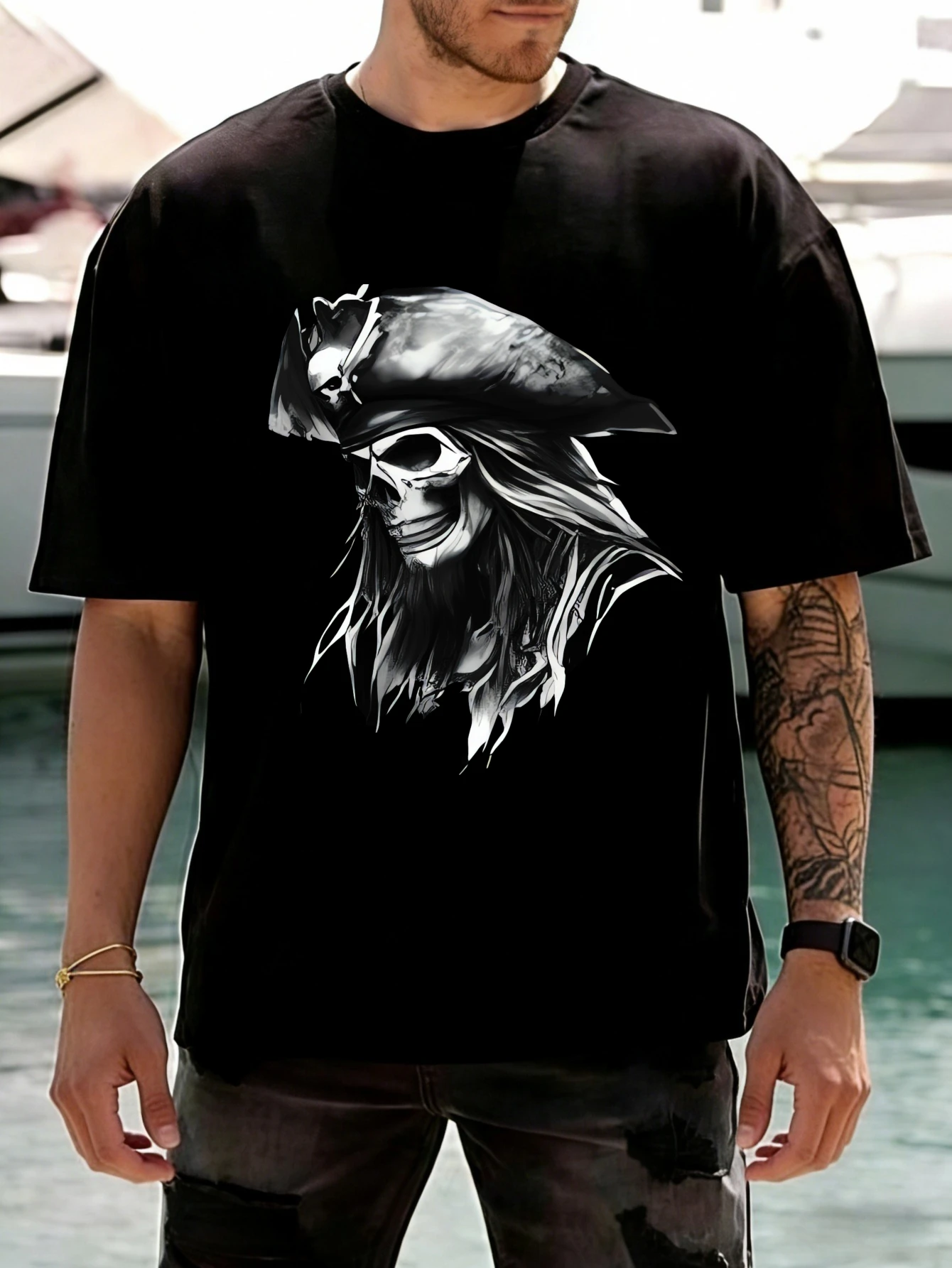 

Mens Oversized Cotton T Shirts Pirate Skull Graphic Printed Short Sleeve Summer Casual Streetwear for Men
