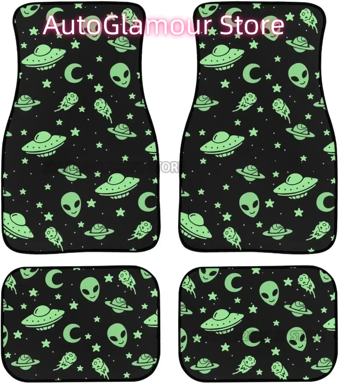 Green Alien Moon UFO Car Front Back Floor Mats Full Set of 4 Non-Slip Rubber Backing Foot Carpet for Cars Interior Accessories