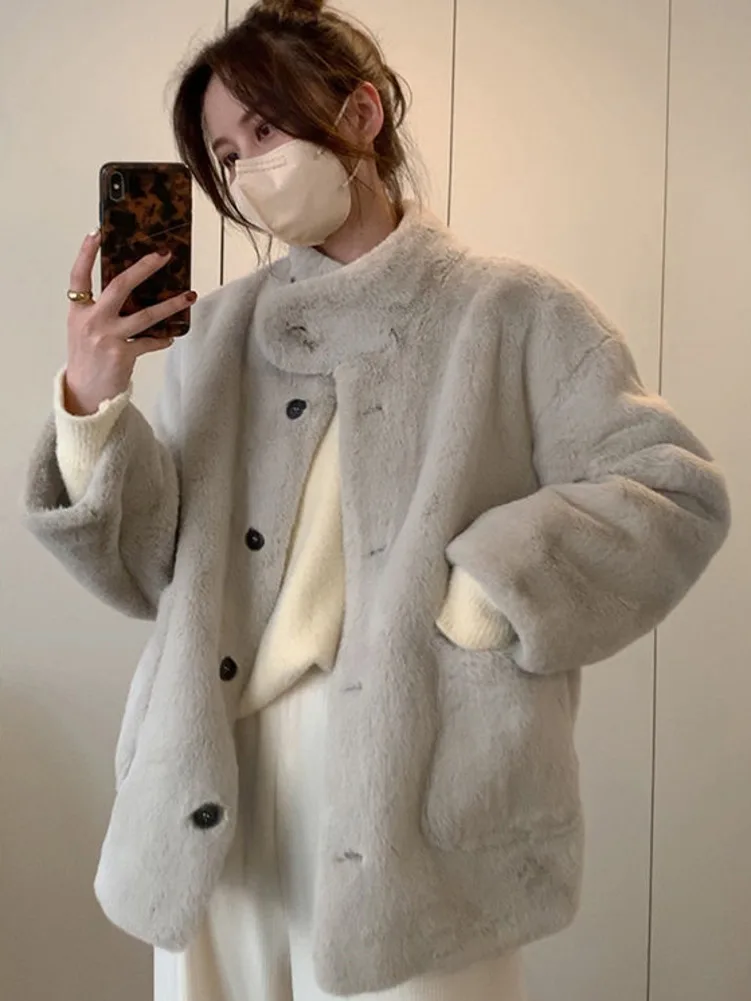 

Gray Winter Furry Jackets Women Coats Soft Cozy Big Pockets Baggy Autumn and Winter Faux Fur Mink Coat Winter Warm Coat