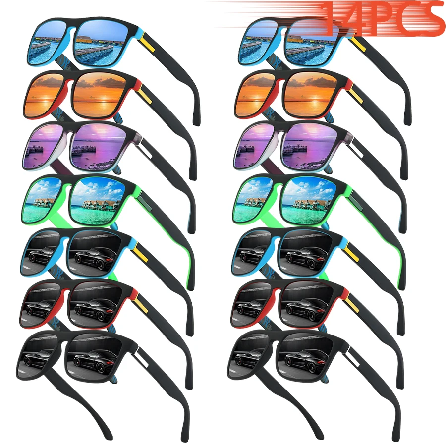 

14PCS Colorful Stripe Classic Vintage Square Sunglasses Women Men Driving Fishing Vacation Men Brand Designer Sun Glasses
