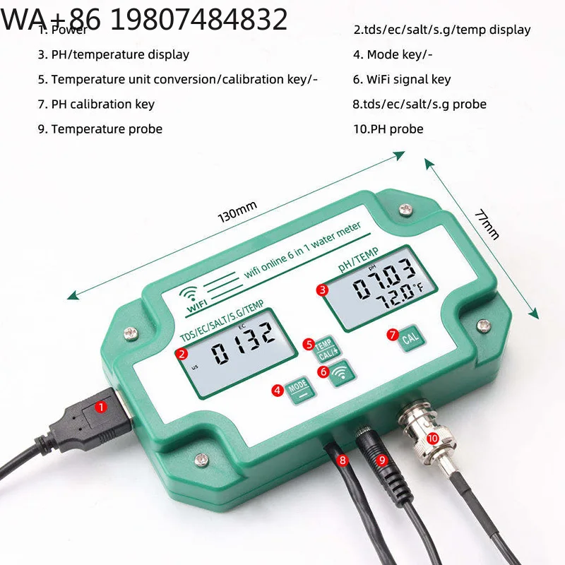 6-in-1 WiFi Water Quality Detector PH EC TDS Salinity S.G Temp Tester Aquarium Hydroponics Swimming Pool Smart