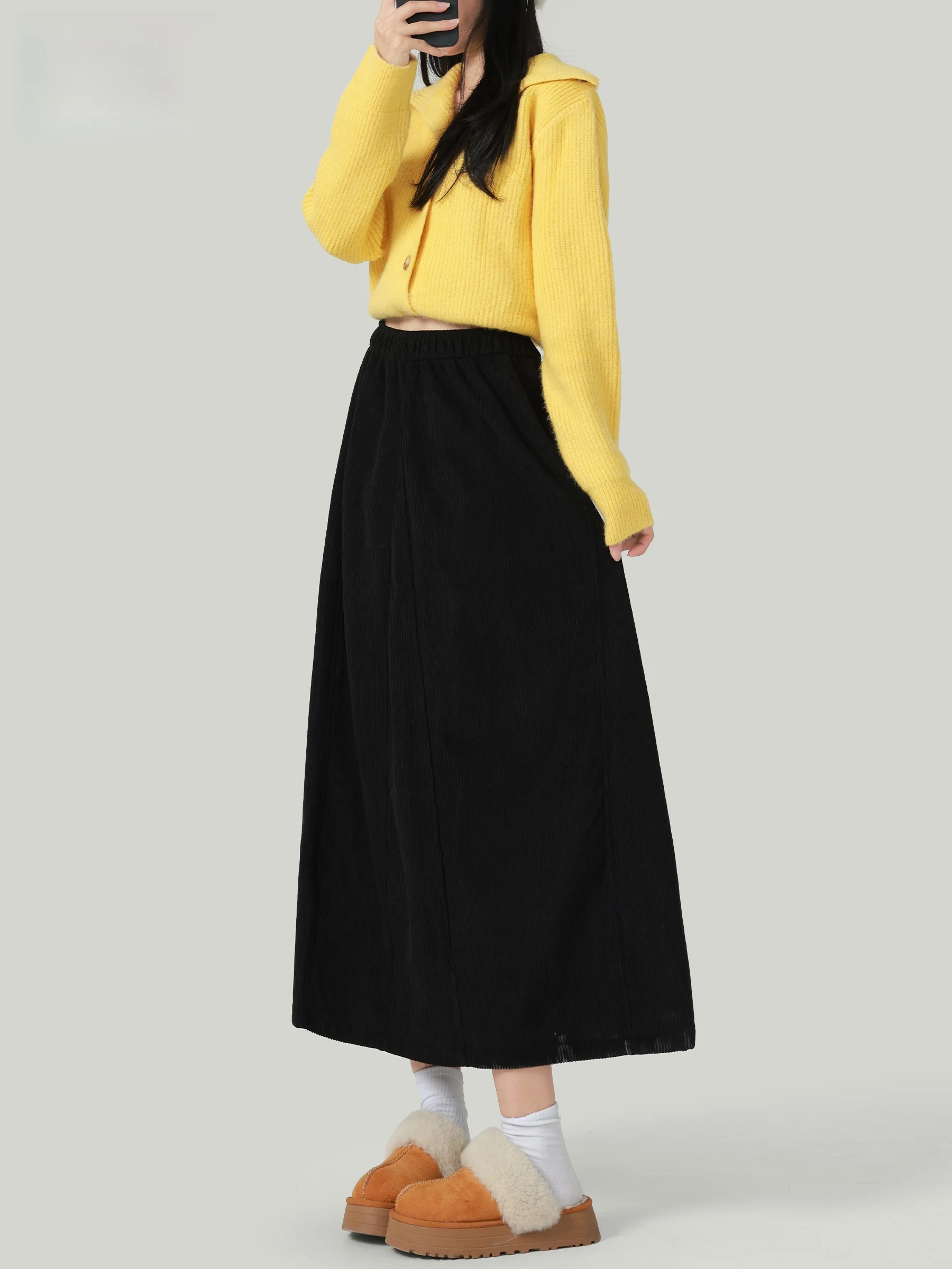 

Черная вельветовая юбка миди с высокой талией, повседневная, женская, с эластичным поясом, А-силуэт, расклешенная, осенняя, новый стиль, стандартный крой