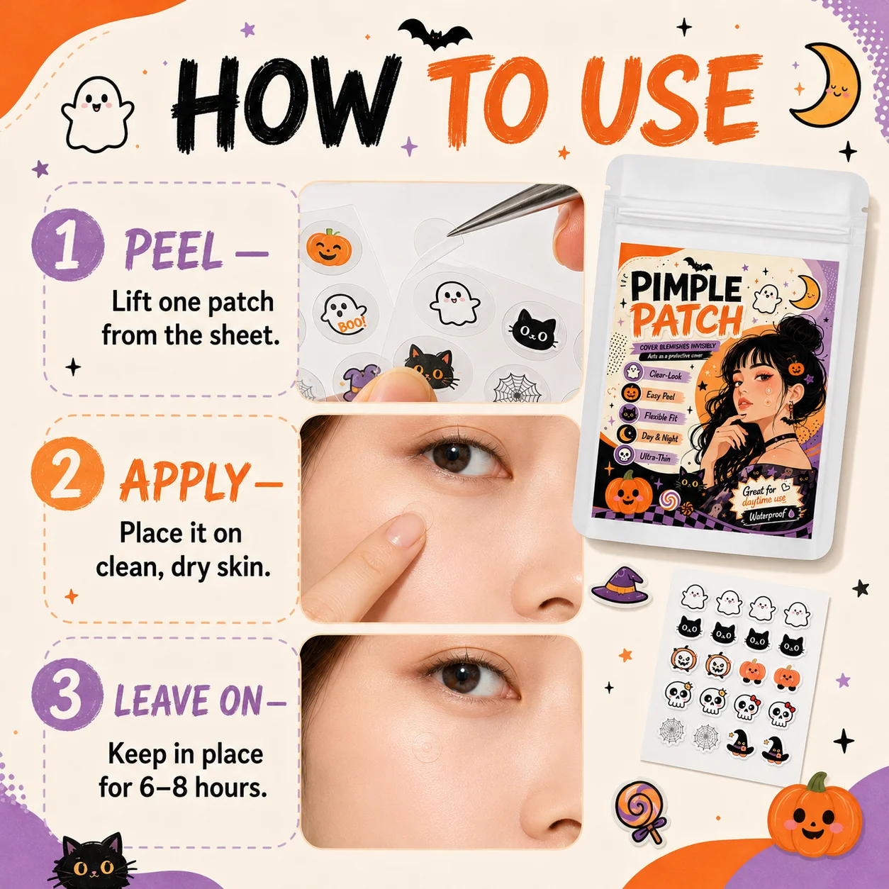 56/112/168pcs Halloween Character Pimple Patches, Ultra-Thin, Breathable, Photo-Ready for Costume Parties & Day/Night Wear