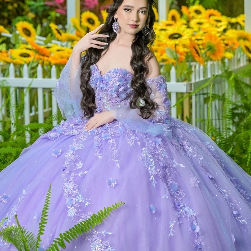 

Lavender Shiny Quinceanera Dress Ball Gown Off The Shoulder Lace Applique Beaded Tull Corset Sweet 16 Vestido De 15 Anos