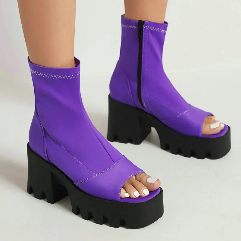 

Gothic Bright Purple Orange Lycra Stretch Fabric Peep Toe Women Summer Boots Zip Back Platform Chunky High Heels Woman Sandals