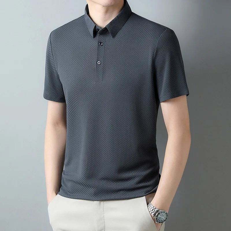 Summer Ice Silk Men's Polo Shirt Casual Men's Jacquard Lapel No-iron Short-sleeved T-shirt Fashionable Simple Breath Commuting