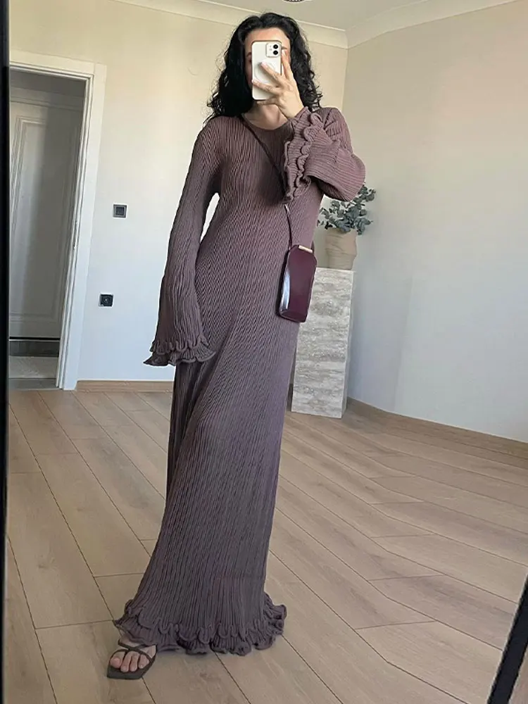 Elegant Ruffle Patchwork Backless Knit Long Dress Women O-neck Flare Sleeves Maxi Dresses 2024 New Lady High Street Vestidos