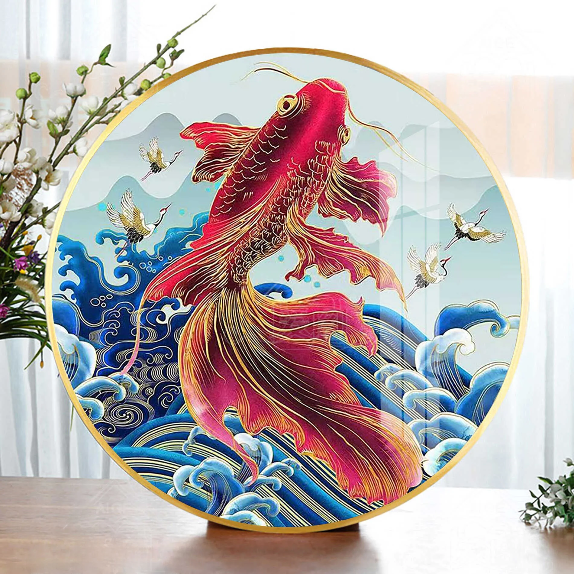 

Simple Handmade Cross Stitch Kit round Small Piece Chinese Style Good Luck Carp for Living Room Bedroom Entrance Cotton Fabric
