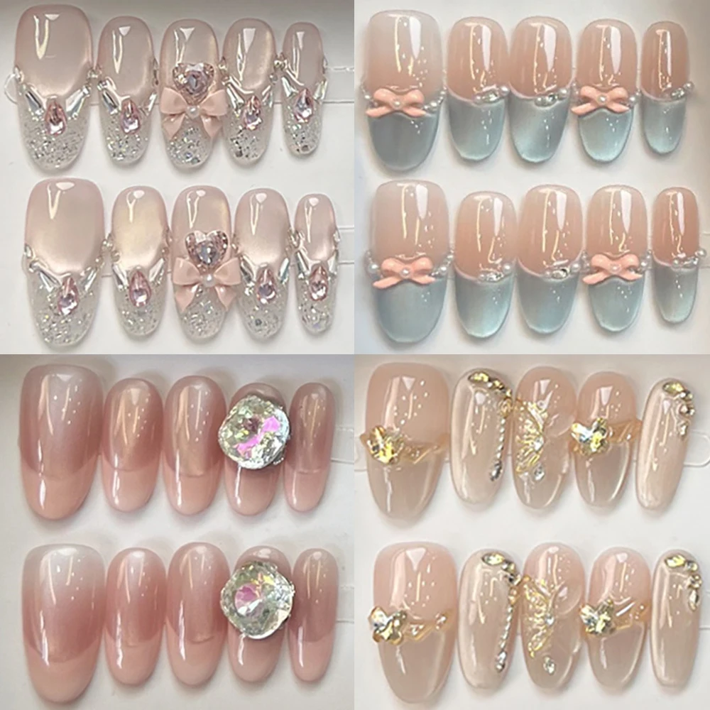 

Elegant French Cat Eyes Square Ellipse Handmade Nail Party Sticker Diamond Pearl Bow Flowers Reusable Full Cover False Nail