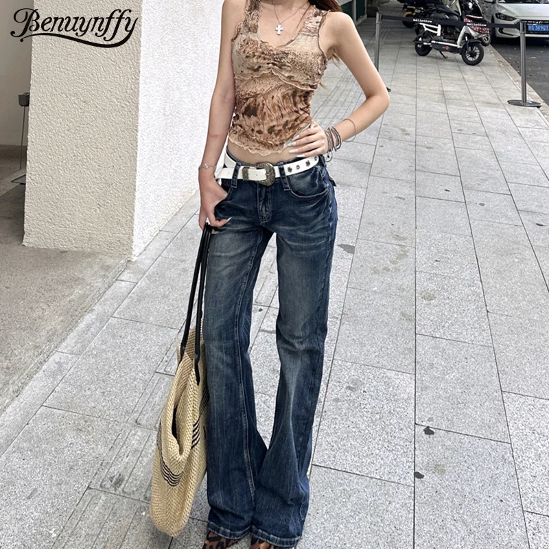 

Benuynffy American Retro Low-rise Flared Jeans Women's Streetwear Fashion Y2K 90s Casual Washed Denim Pants Woman Bottoms