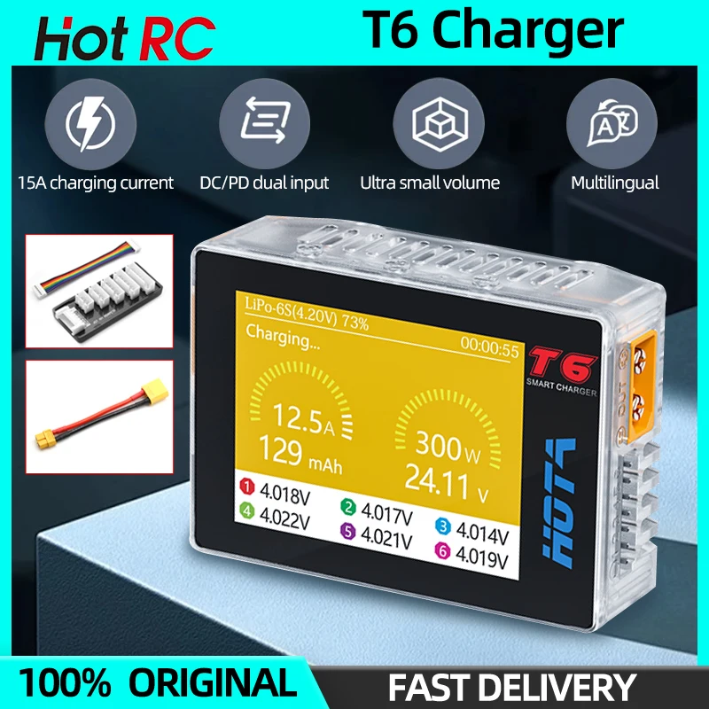 HOTA T6 Battery Charger DC300W PD90W 15A LiHv Lipo NiMh Li-ion Ni-Cd Digital Balance Charger 1~6S For RC FPV Airplane Drone Car