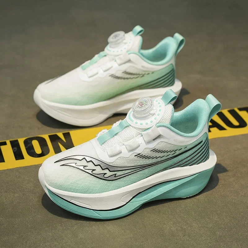 Kids Women Running Shoes Rotating Buckle Quick Lacing Breathable Mesh Sneakers Cushion Gradient Athletic Shoes Size 31-40