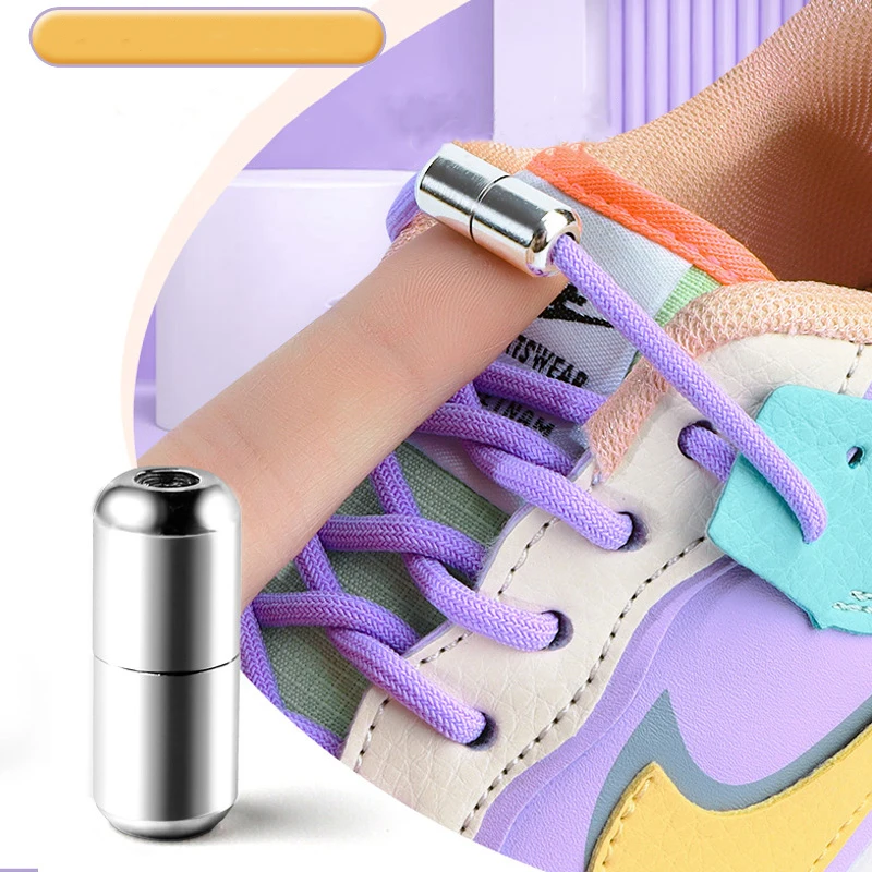 2022New Round Elastic Laces Sneakers Black White Point Shoelaces Metal Capsule Buckle Shoe Accessories Kid Adult No Tie Shoelace